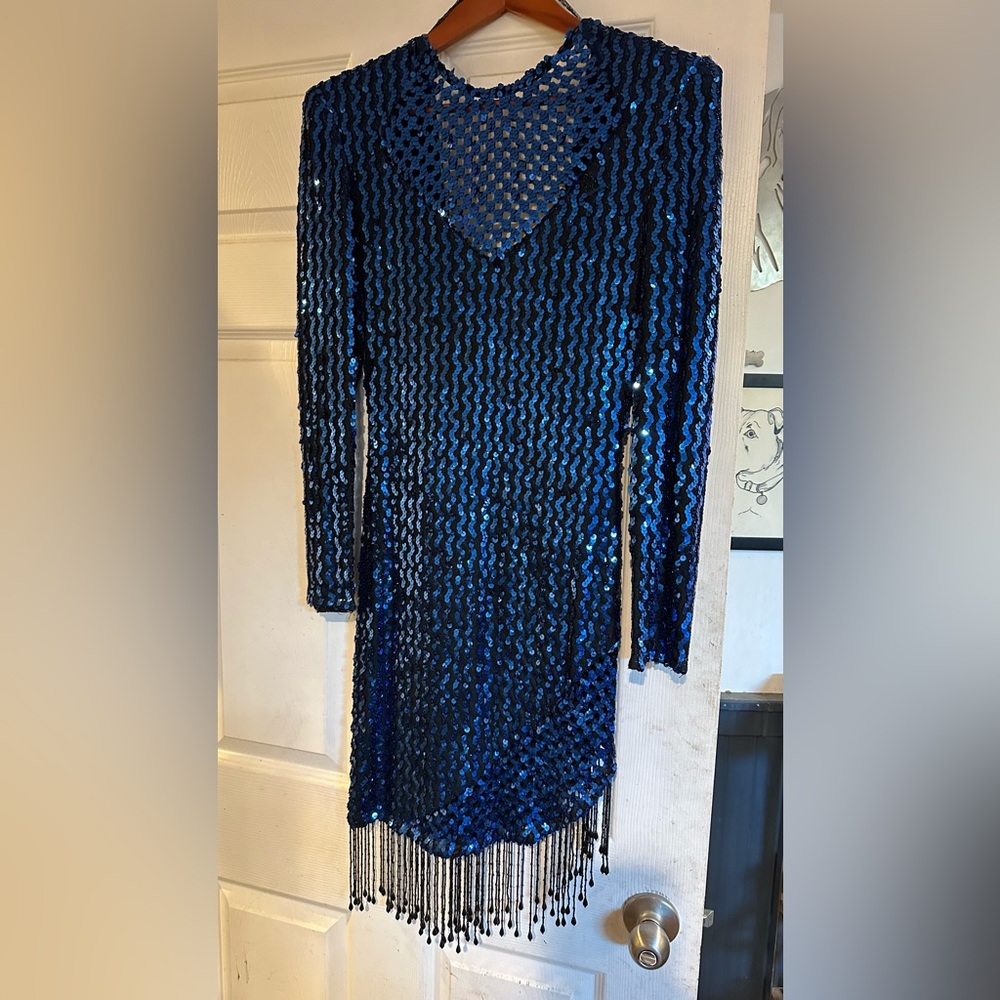 Sequin and lace long sleeve blue cocktail dress with beaded fringe